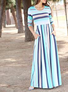 Elegant Stripe Maxi Dress With Side Pockets Versatile Summer Dress For Women - 深青色 A - 查看 1