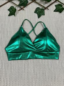 Metallic Cropped Top With Cups, Ties At The Back, Carnival Fashion, One Size M Fits Sizes 36-40 - Green - View 1