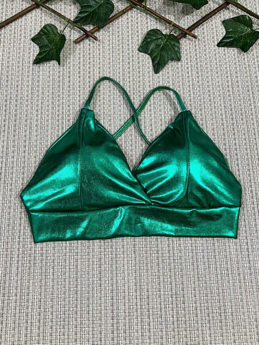 Metallic Cropped Top With Cups, Ties At The Back, Carnival Fashion, One Size M Fits Sizes 36-40 - Green - View 1
