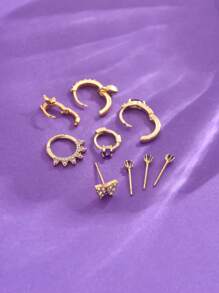 9 件/套优雅粉红锆石耳环和耳钉套装，星星和月亮设计，简约风格，适合女性约会、派对、日常佩戴 - 紫色 - 查看 4