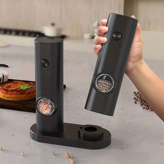 2pcs Electric Salt And Pepper Grinder Set, Adjustable Coarseness, Automatic Salt And Pepper Grinder With Base, Reusable, One-Handed Operation, Pepper Grinder Refillable, Suitable For Kitchen, Camping, BBQ, Kitchen Gadget, Kitchen Accessories, Electronic Spice Grinder With Decorative Base