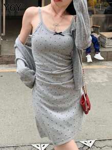 1pc Women's Mini Summer Fashionable Polka Dot Sleeveless Camisole Short Dress, Sexy Figure Hugging Sheath Dress