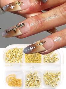 3D 星星指甲饰物玫瑰花朵指甲配件 Y2K 珠宝金珠装饰合金链水钻美甲 - 金色 - 查看 2