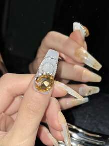 10 pièces Autocollants d'ongles de forme cercueil faits à la main décorés de motifs floraux, de papillons et de strass, mignons, doux et élégants, convenant aux fausses ongles pour dames et filles - Multicolore - Voir 2