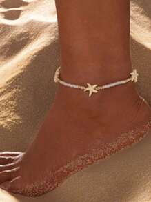 1pc Fashionable Vintage Beach Style Natural Starfish Decor Adjustable Beaded Anklet - Minimalist White Starfish Anklet - View 2