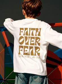 1 件青少年男孩休闲印花圆领长袖 T 恤，秋冬学生装，“Faith Over Fear”柔软套头 T 恤，适合日常穿着