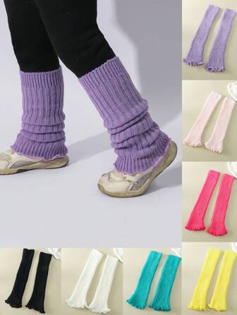1 par de calcetines altos hasta la rodilla con volantes para niñas, 100% acrílico suave y transpirable, calentadores de piernas de unicolor, de tejido de punto, lavable a máquina - Primavera Verano