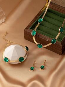 4 Stück/Set Vintage Boho-Stil Schmuckset mit grünem Edelstein besetzter Halskette, Armband und Ohrringe, modisch & elegantes Geschenk für Party, Bankett und täglichen Gebrauch - Grün - Übersicht 3