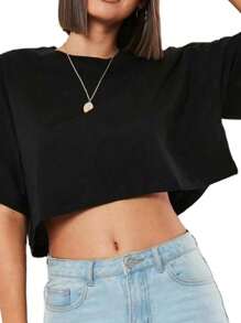 Cropped Oversized Solto Feminino 100% Algodão do P ao Plus size G3 - Preto - Visão 1