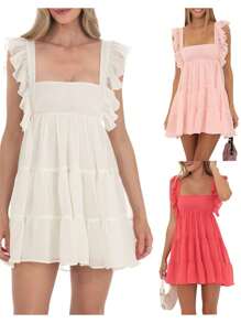 Women's Ruffle Strap Mini Dress Sleeveless Square Neck Solid Color Flowy Dress Summer Babydoll Dress - Đỏ - Xem 5