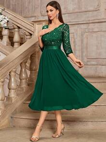 MIUSOL Elegant V-Neck Sequin Floral Lace Ruched Chiffon 3/4 Sleeve Evening Party Long Dress,For Wedding Guest,Graduation,Dinner - Dark Green - View 7