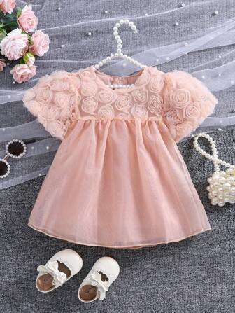 1pc Baby Girl Lace Mesh 3D Rose Flower Dress, Loose Fit Puff Sleeve Summer Party Wedding Banquet Dress