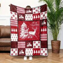 1pc Contemporary Red Plaid Reindeer Flannel Tow Blanket Soft Warm All Season Multipurpose Flannel Blanket Perfect For Gifting Napping Camping Home Decor Office - Digital Quilted Knitting Polyester