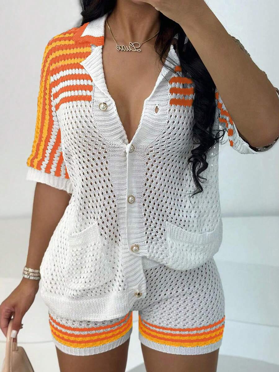 Apperloth A 2pcs Autumn Casual Knit Set For Women, Striped Pattern Button Front V-Neck Short Sleeve Shirt Cardigan & Elastic Waist Knit Shorts, Christmas Outfit - Multicolor - View 1