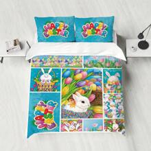 3 件套复活节主题羽绒被套装，带有格子兔子、花卉和复活节彩蛋印花图案（1 个羽绒被套 + 2 个枕套；不包括内芯），柔软舒适的床上用品套装，适合装饰男士和女士房间、卧室和商务酒店， - KKL-SJT0392 - 查看 4