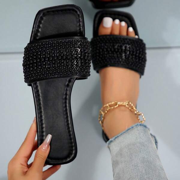 Women's Elegant Crystal Embellished Slip-On Comfortable Casual Flat Sandals