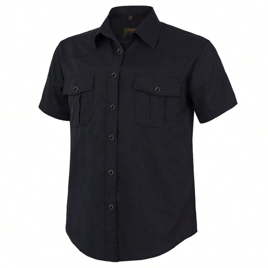 Men's Western Cowboy Pearl Snap Button Up Casual Short Sleeve Two Pockets Work Shirts - màu đen - Xem 1