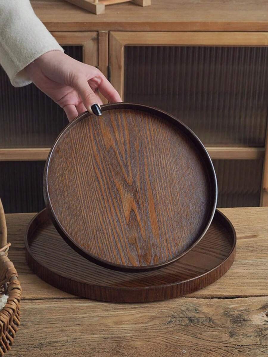 1pc Round Wooden Tray, Rustic Style Serving Platter, Wooden Tea Tray, Home Dining Plate For Cup/Cake