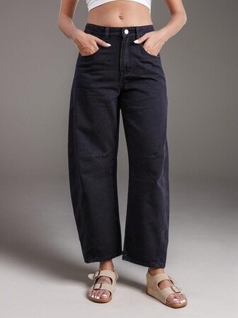 女式西式音乐节前扣口袋休闲牛仔裤