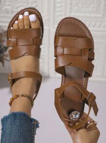 Women's Solid Color Fashion Sandals, Ankle Strap Flat Casual Shoes, Minimalist Open-Toe, Summer Shoes