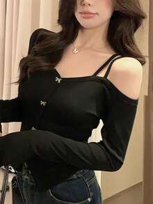 Elegant Black Bow Strap Sexy Open Shoulder Long Sleeve Top For Women, Suitable For Dates, Outings, And Commuting, Christmas, Autumn/Winter - Black - View 3