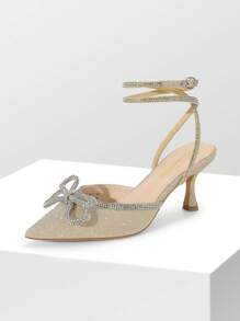 Women's Rhinestone Bow Ankle Strap Pumps Stiletto Kitten Heels Pointed Closed Toe Heels Fashionable Wedding Bridal Party Prom Dress Shoes - 金色 - 查看 9