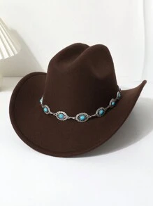 1pc Women's Woolen Felt Hat With Rhinestone Chain Decoration, Unisex Western Cowboy Hat For Autumn/Spring, Fashion & Versatile For Everyday Wear, Traveling