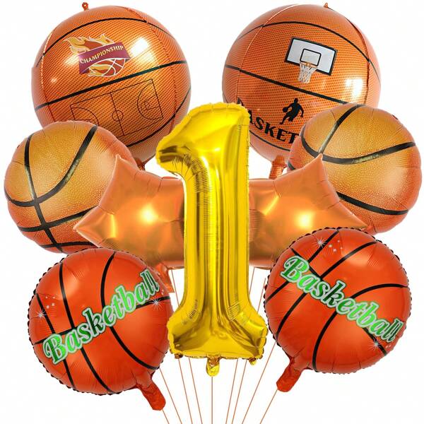Conjunto de balões de basquete 9 peças, balão de filme de alumínio digital, suprimentos para festa de basquete, decoração de aniversário de basquete - número 9