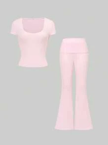 Women's Two-Piece Sports Casual Solid Color Sexy Slim Square Collar Short-Sleeved Top Micro-Cropped Pants Suit