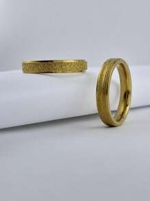 Par De Alianças Dourada Reta Fosca Feminina Com Friso + Anel Masculina Sem Detalhes Casamento Noivado - Dourado - Visão 6