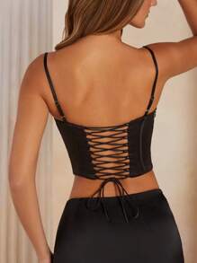 女式 2025 优雅性感系带后背缎面紧身胸衣上衣，内置紧身胸衣，紧身剪裁，适合紧身身材