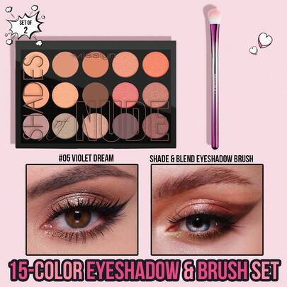  MISSLYN 15色眼影盘，含眼影刷套装，自然裸色系，哑光和珠光质地，高显色度，持久妆效，自然色调