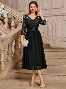 MIUSOL 优雅V领亮片花卉蕾丝荷叶边雪纺七分袖长款晚礼服 - 黑色 - 查看 5