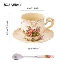 2set/6set Tea Cup And Saucer Set, 8 Oz Tea Cup Set, Teacup, Ceramic Tea Cup With Suacer Spoon, Ivory Vintage Rose Floral With Gold Leaves Trim, Gifts For Women Back To School