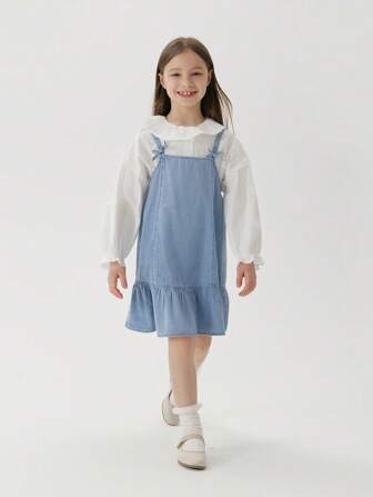 MARC&JANIE 年轻女孩甜美文艺蝴蝶结牛仔背带连衣裙，春夏