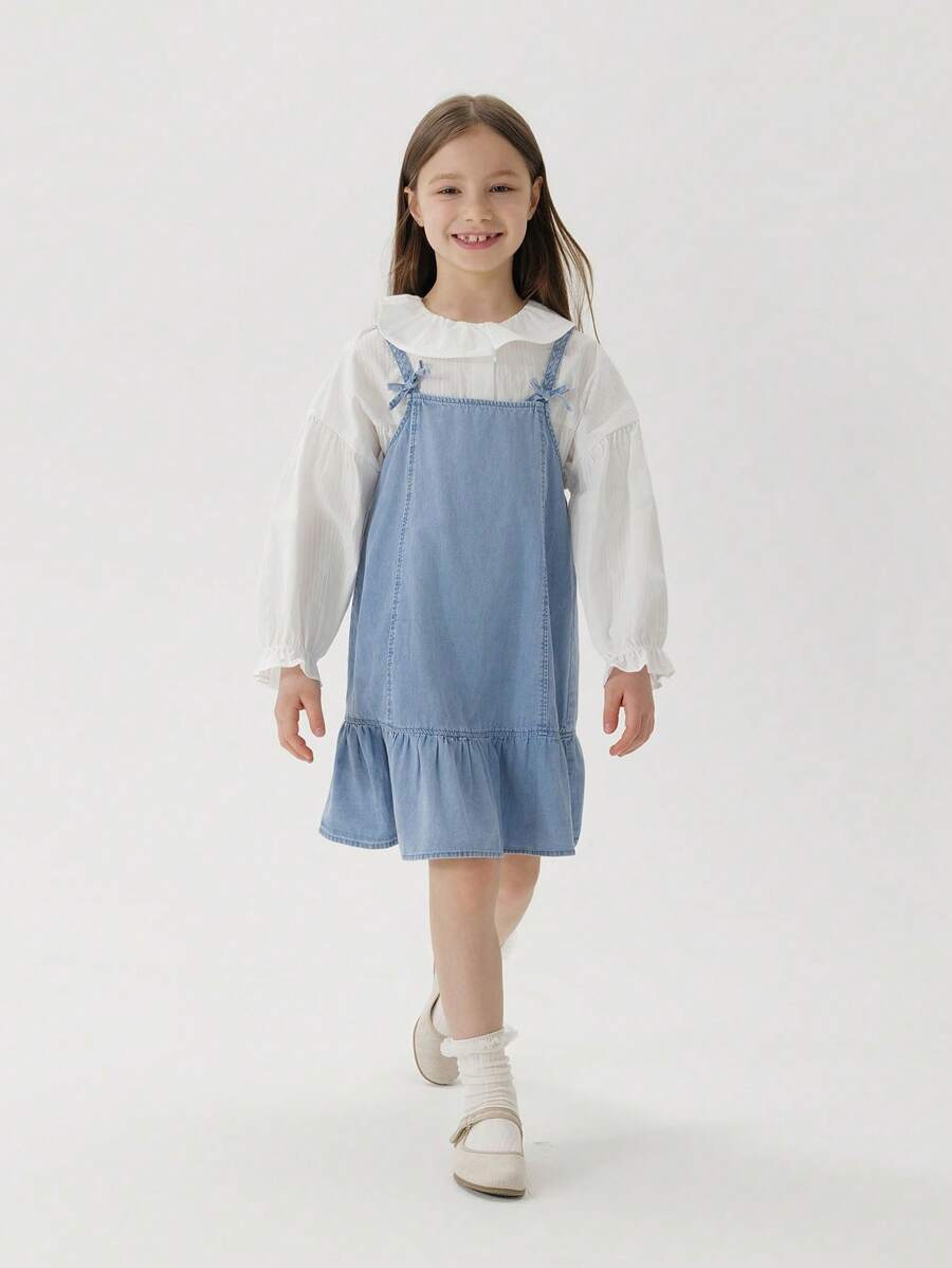 MARC&JANIE 年轻女孩甜美文艺蝴蝶结牛仔背带连衣裙，春夏