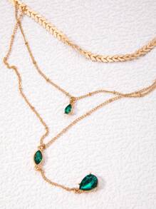 imoli 1 套时尚简约 3 层绿水晶几何水滴项链和鱼骨链项链，女士派对礼物 - 綠色 - 查看 3