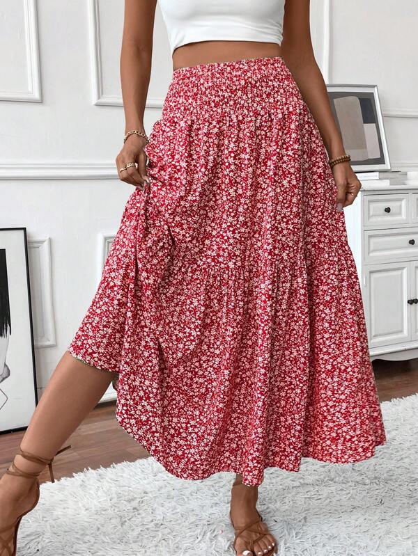 Women's Maxi Skirt Tiny Floral Casual Elastic Waist With Pockets Ruffled Hem Ladies Summer A-Line Long Skirts