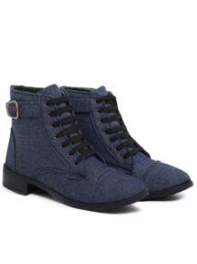 Women's Boot Ankle Bootie With Buckle Mid-Calf Lace Up Stylish Blogger - Màu xanh lam - Xem 3