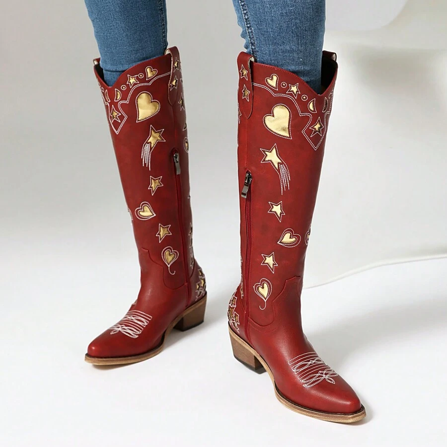 Cowboy Boots For Women Knee High Cowboy Boots With Classic Embroidered Stars Moon Heart Patterns Chunky Heel Low Heel Women's Western Boots Tall Cowboy Boots - Red + Gold - View 1