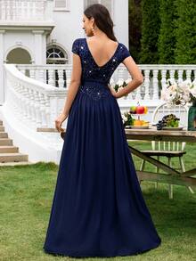 MIUSOL Contrast Sequin Lace Deep V-Neck Cap Sleeve Ruched Hem Evening Party Long Dress,Gown,Formal,Wedding Guest - Navy Blue - View 3