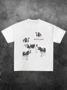 Aelfric Eden Dairy Cow Print Tee Vintage ,Casual Print,Comfortable And Versatile,Letter Pattern Pure Cotton 220g Printed T-Shirt - 白色 - 查看 1