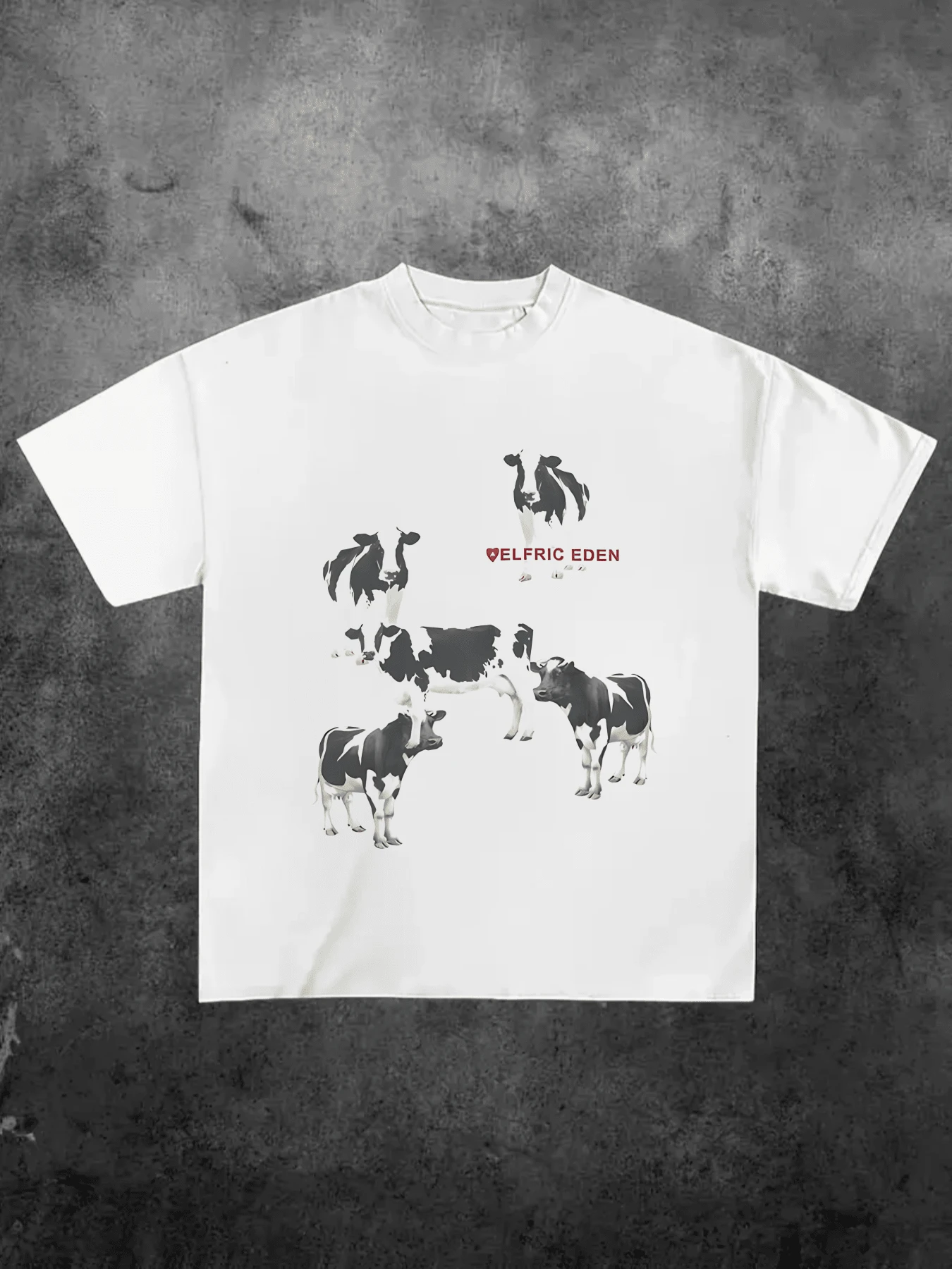 Aelfric Eden Dairy Cow Print Tee Vintage ,Casual Print,Comfortable And Versatile,Letter Pattern Pure Cotton 220g Printed T-Shirt - 白色 - 查看 1
