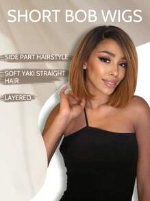 短发波波头假发 合成发假发 自然造型 10 英寸 Yaki 直发波波头假发 棕色侧分短发直发假发 Yaki 纹理假发 适合女士精灵短发 日常生活使用