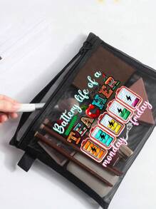 黑色网眼化妆包，带创意字母教师图案，气垫收纳便携式收纳包，化妆包，护肤包，旅行必需品，宿舍用品，浴室收纳，珠宝收纳，唇油和化妆品收纳包学校用品 - 黑色 - 查看 7