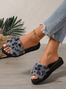 女士毛绒拖鞋，时尚百搭优质软底毛绒带拖鞋，适合室内外穿着，春秋季 - 灰色 - 查看 18