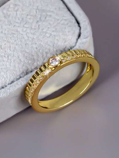 1pc Elegant Chic Wide Stripe Inlay Circular Zirconia Stone Ring For Women, Suitable For Birthday, Anniversary, Party, Valentine's Day Gifts For Couple, Holiday, Mom, Mother, Mother's Day, Gift