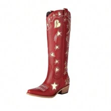 Cowboy Boots For Women Knee High Cowboy Boots With Classic Embroidered Stars Moon Heart Patterns Chunky Heel Low Heel Women's Western Boots Tall Cowboy Boots - Red + Gold - View 7