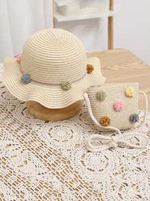 2pcs/Set Toddler Girls' Straw Hat & Backpack Set, Outdoor Beach Sun Protection Hat & Cartoon Ball Decorated Backpack, Suitable For Daily Wear, Summer