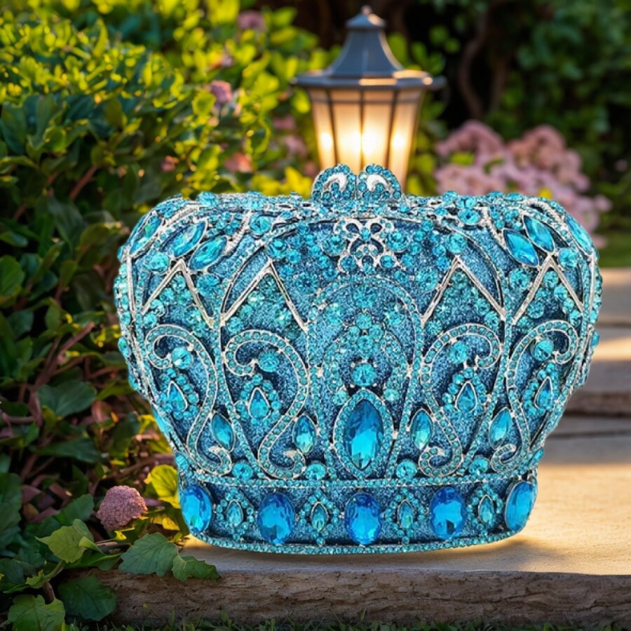 Gold Silver Women Luxury Crown Shaped Crystal Evening Clutch Elegant Rhinestones Party Handbag And Purse ,Crown Crystal Clutch Purse Women Formal Evening Minaudiere Handbags Party Dinner Rhinestone Clutch Bag,Mini - 藍色 - 查看 1